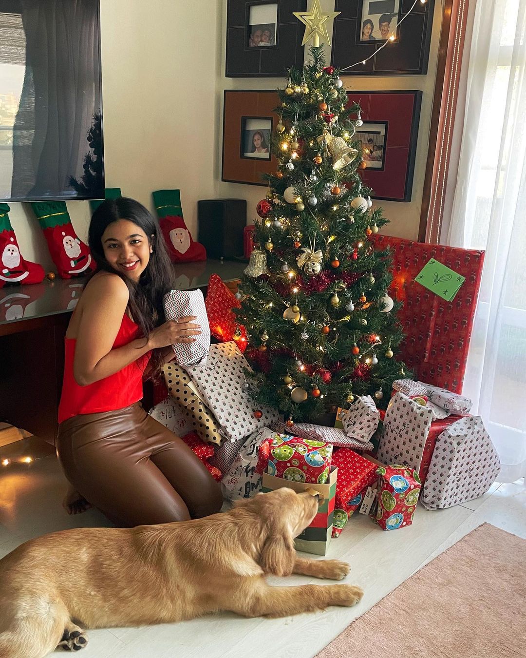 Anjana Sarja celebrating Christmas with her dog at home